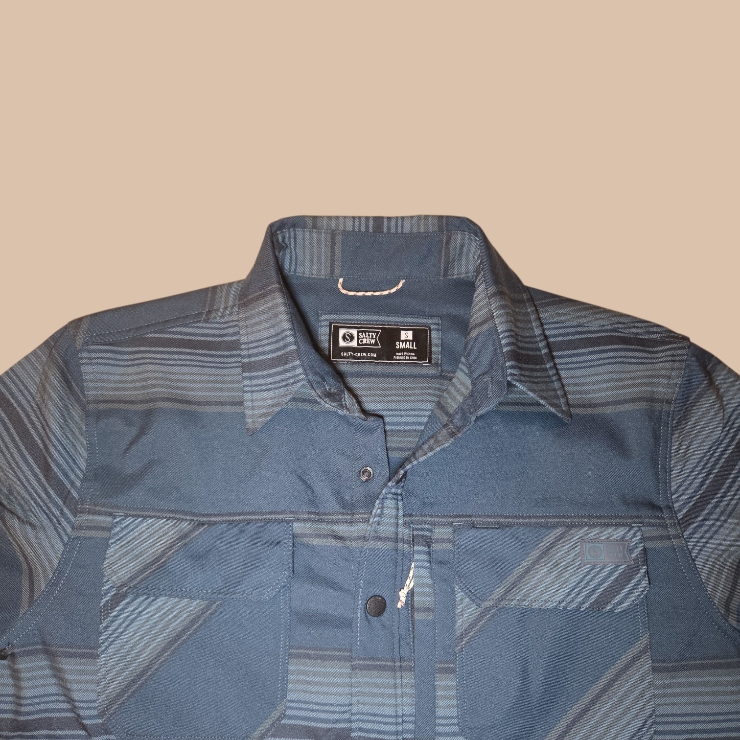 Salty Crew Fathom Ls Tech Flannel Shirt Mens Small Blue Striped Snap Front — image 5 of 7